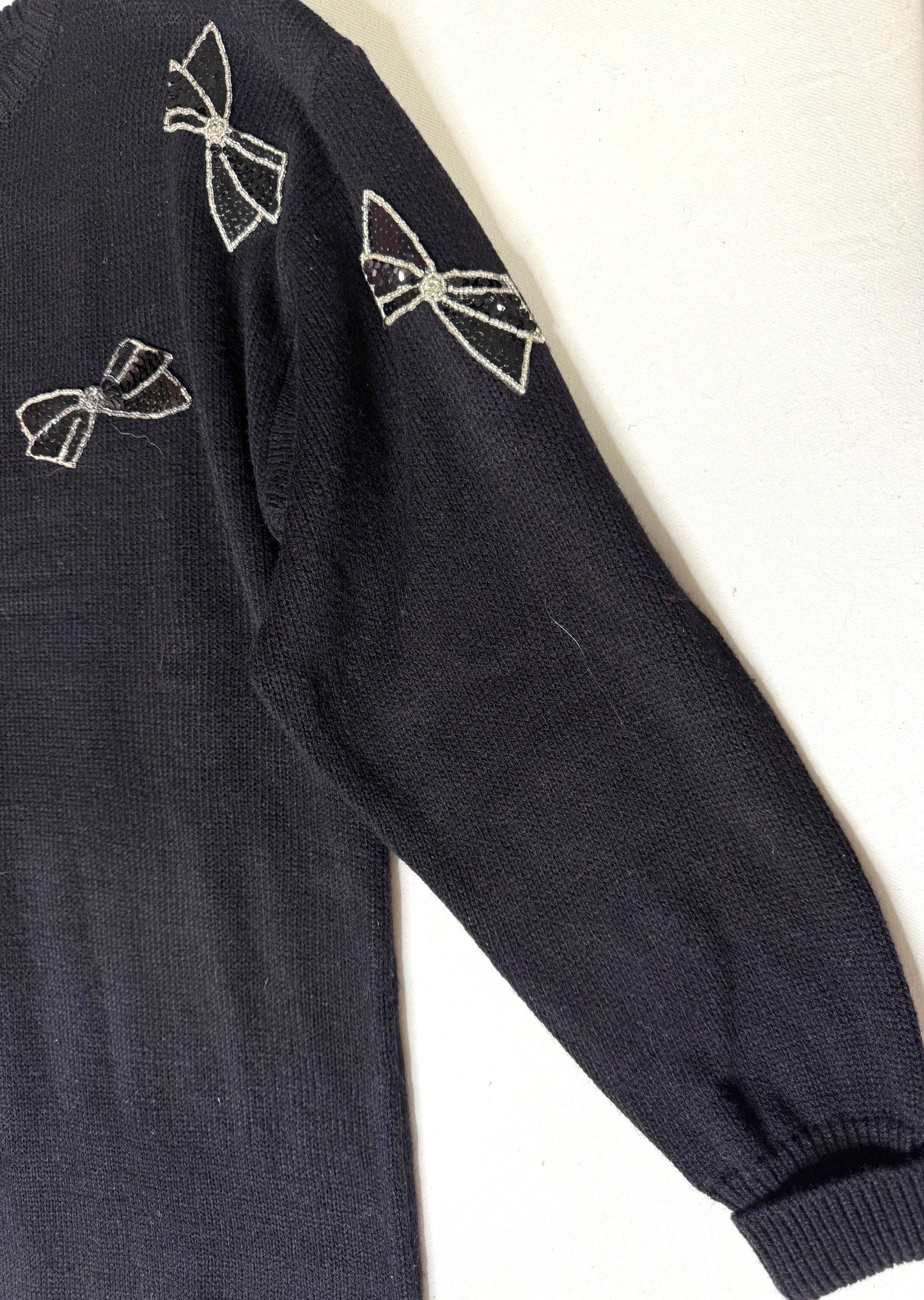 Vintage Darian Black Knit Sweater Dress w/ Silver Bow Appliqués | 1980s | Size Small