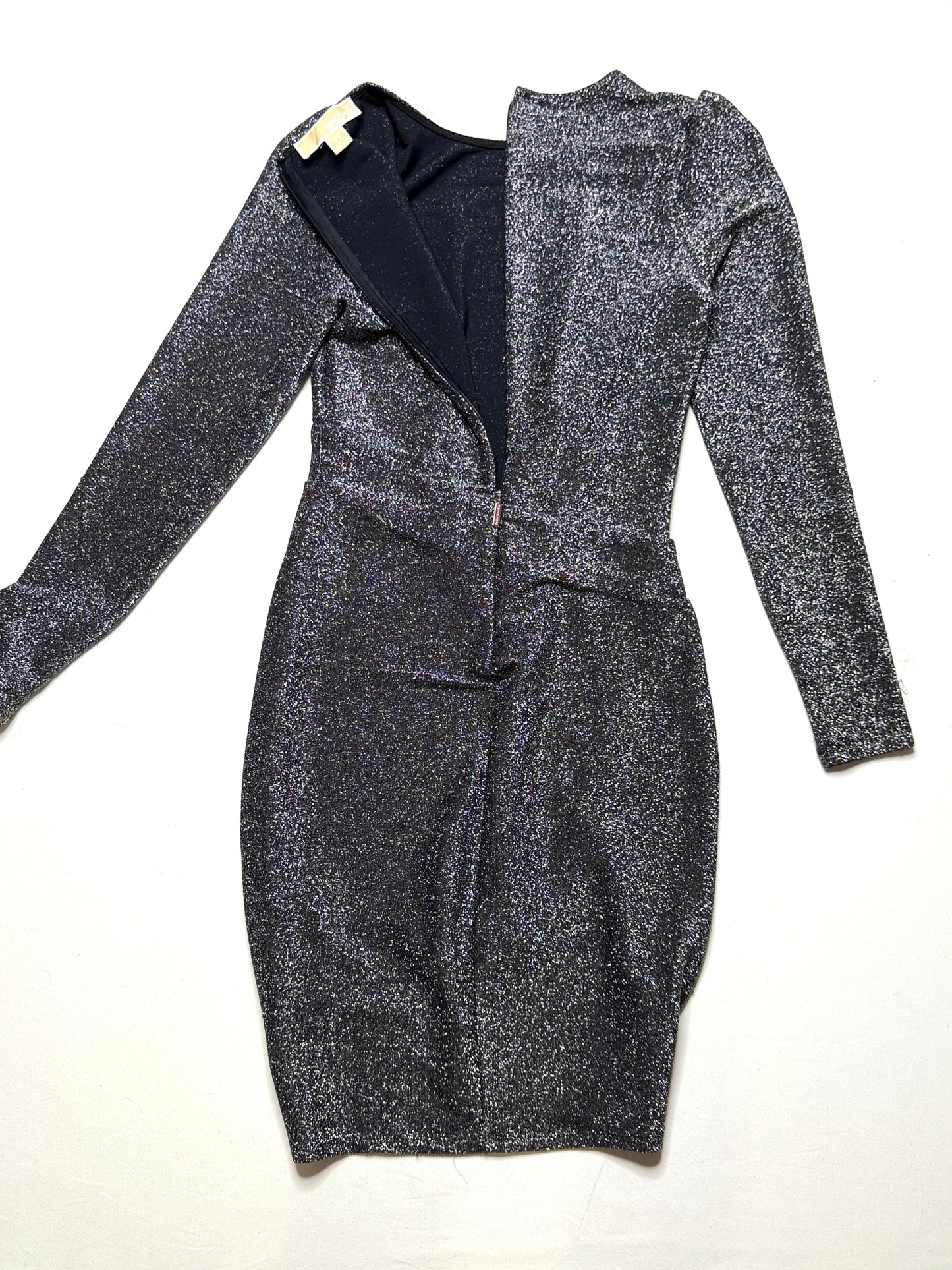 Michael Kors Metallic Silver Jersey Knit Party Dress – Size XS, Long Sleeve