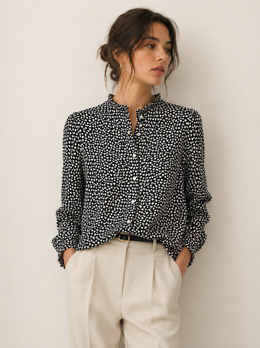 J.Crew Mercantile Heart Print Blouse Size 2 Black White Long Sleeve Ruffle Top