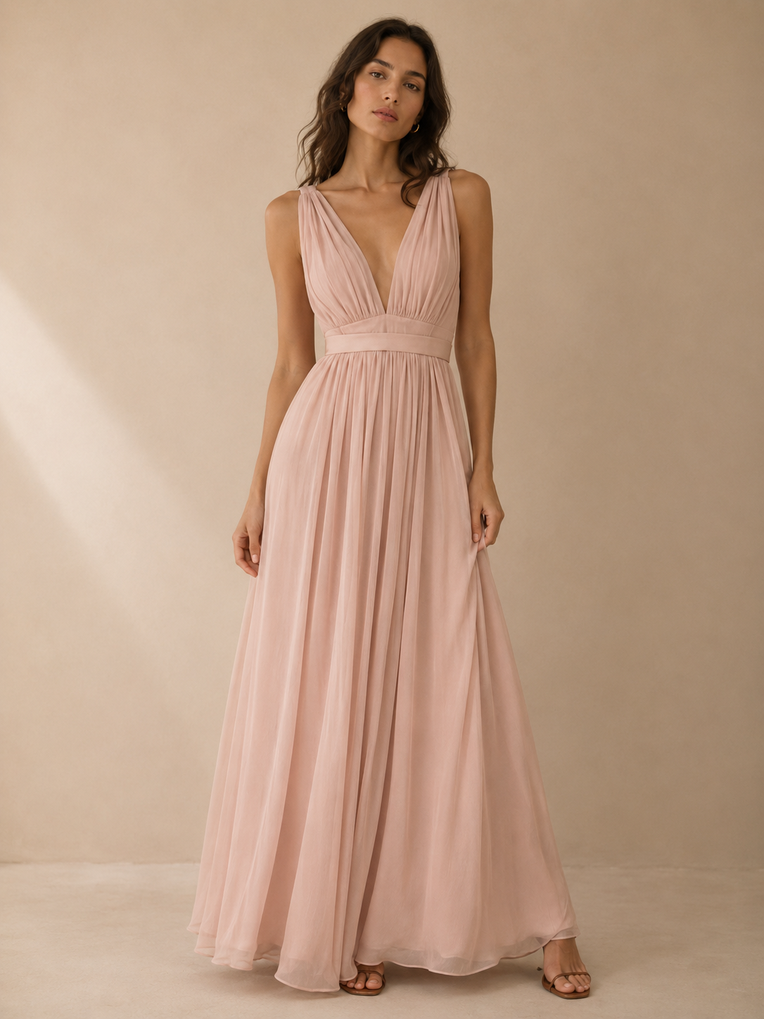 Vera Wang Blush Pink Pleated Chiffon Maxi Dress Size 2