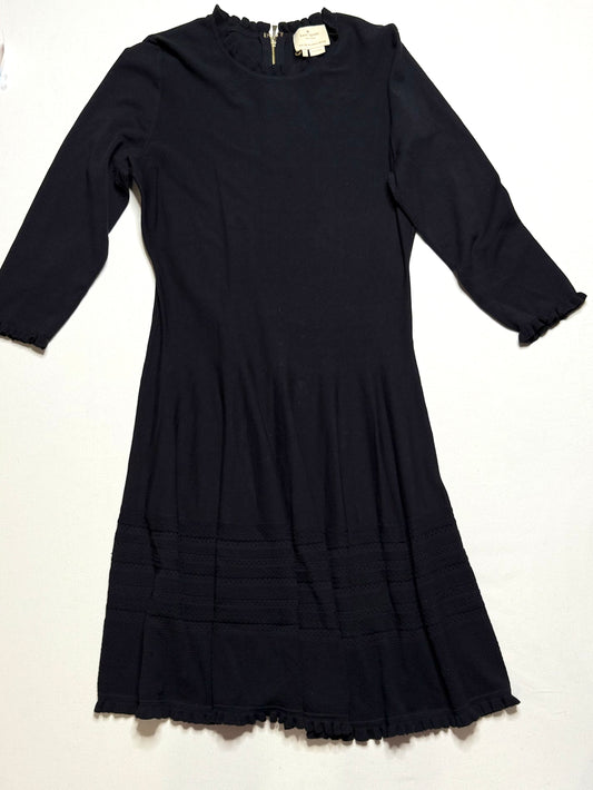 Kate Spade Black Knit Fit & Flare Midi Dress Long Sleeve Ruffle Trim Size Large