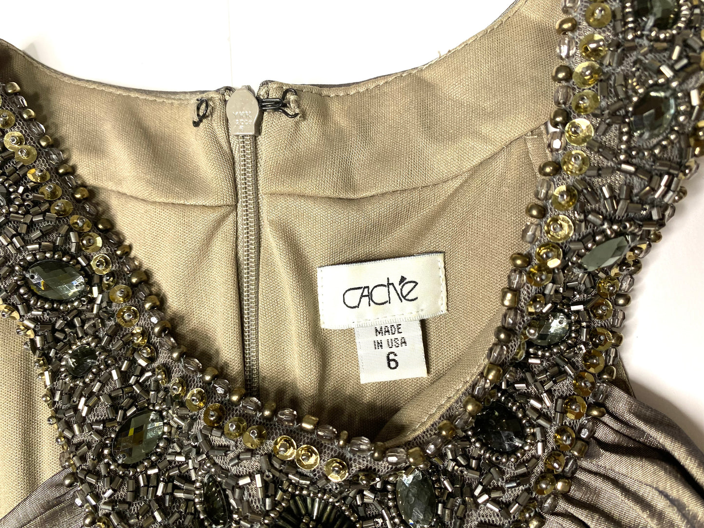 Cache Metallic & Bronze Ruched Formal Dress – Sleeveless with Beaded Embellished Collar