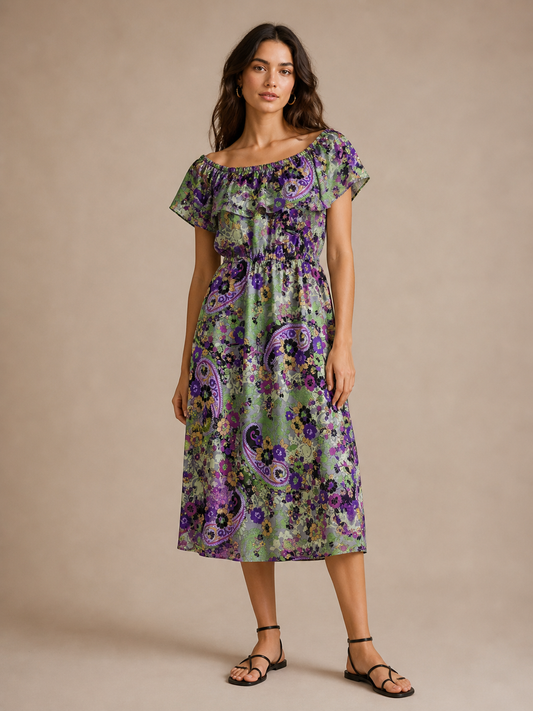 Vintage Becky Henry Off the Shoulder Floral Paisley Dress Size Large