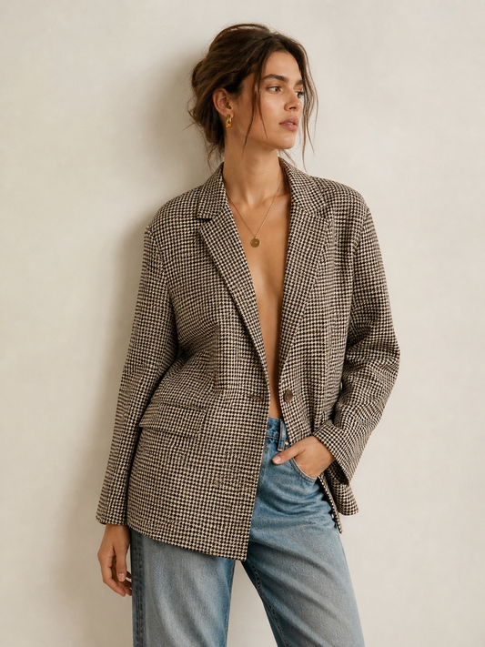 Missguided + Oversized Houndstooth Brown and Beige Blazer Size 4 NWT