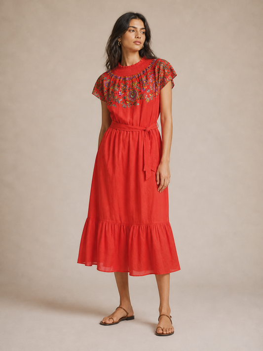 Gianni Bini Vibrant Red Embroidered Off the Shoulder Midi Dress Size Small