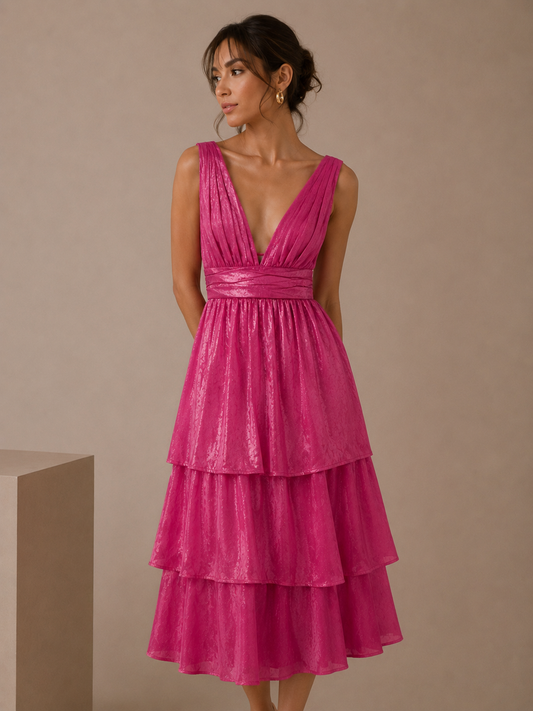Lulus Hot Pink V-neck Tiered Ruffle Dress Size Large