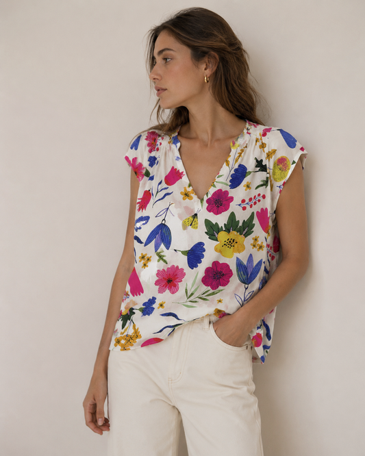 Rachel Roy Multicolor Floral Linen Blend V-Neck Top Size Large