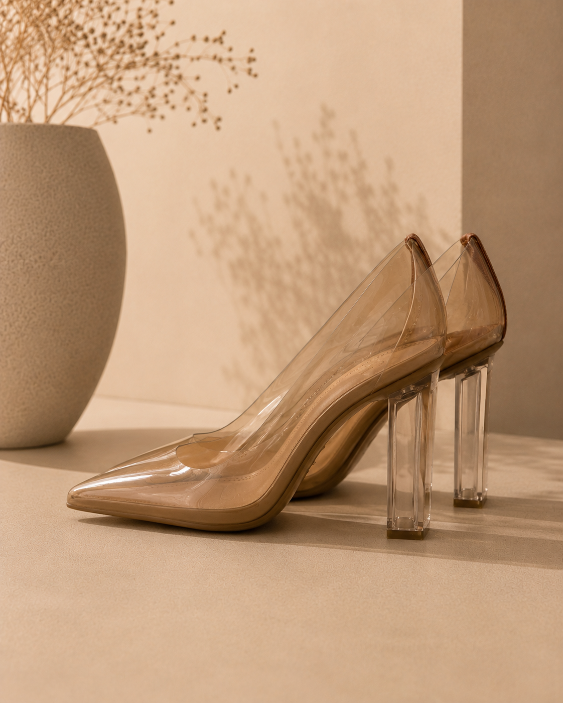 GB Women’s Clear Nude PVC Pumps | Lucite Block Heel Transparent Pointed Toe Heels Size 8