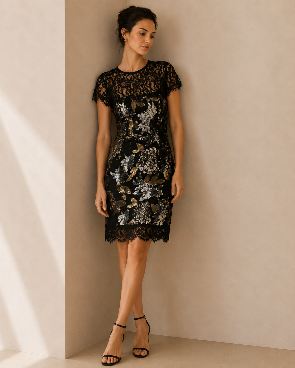 Nicole Miller Black and Gold Sequin Cocktail Dress Size 8