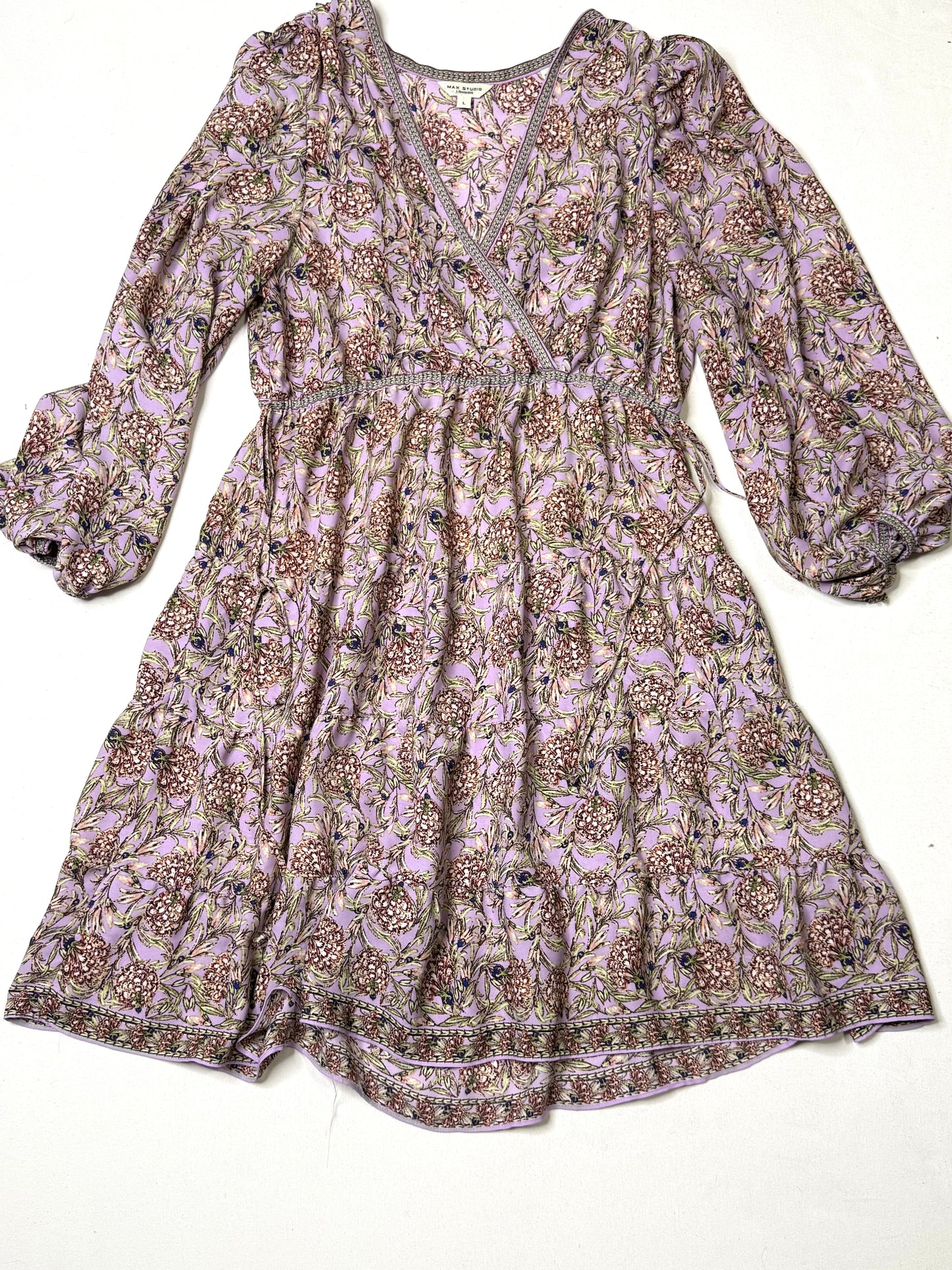 Max Studio London Floral Wrap Dress L Lavender Boho Long Sleeve Ruffle Hem