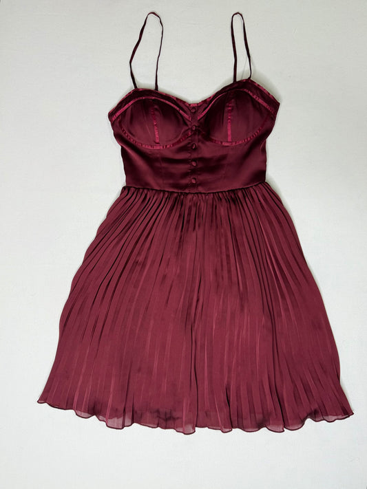 American Eagle Burgundy Satin Mini Dress Size 4 Bustier Bodice Pleated Skirt