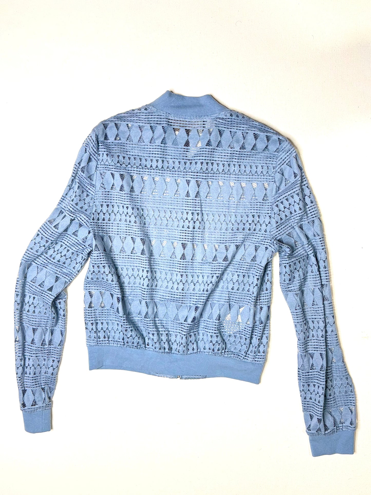 BCBG Max Azria Blue Crochet Lace Bomber Jacket Women’s S Lightweight Zip Up Sheer Textured Jacket