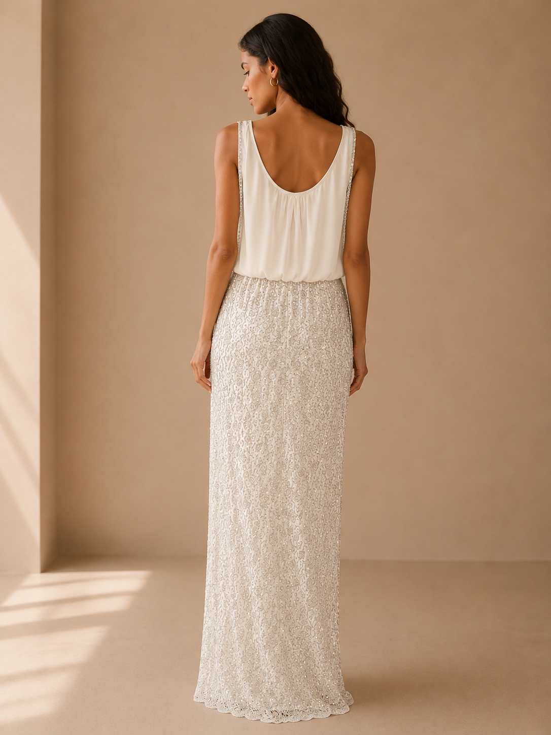 Aidan Mattox Ivory Beaded Lace Maxi Dress Size 0 Elegant Sleeveless Formal Gown