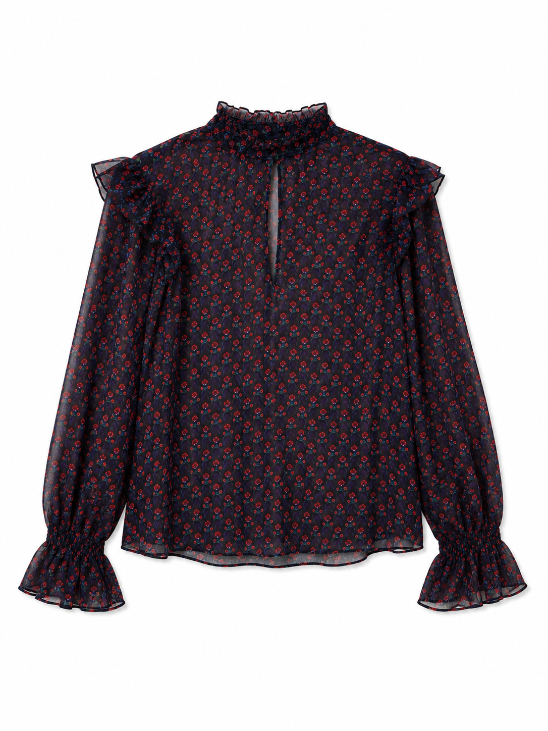 Bebe Sheer Ruffle Sleeve Blouse Navy Red Floral High Neck Romantic Top Size Medium