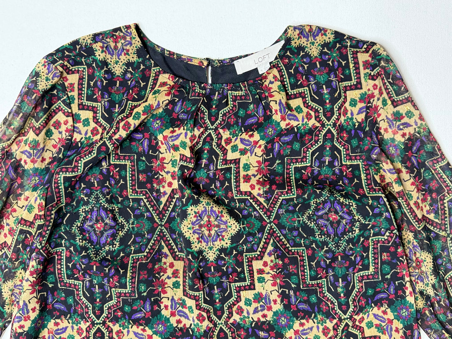 LOFT Boho Floral Geometric Print Drop Waist Dress Ruffle Hem Long Sleeve Size M