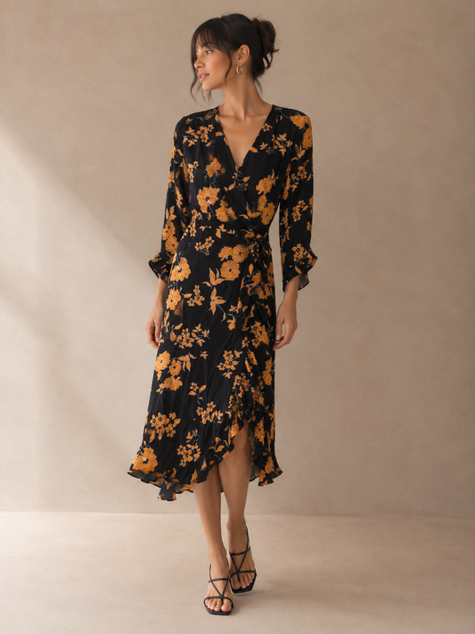 Miss Selfridge Floral Wrap Midi Dress Black Orange Ruffle Sleeve Boho Dress Size US
