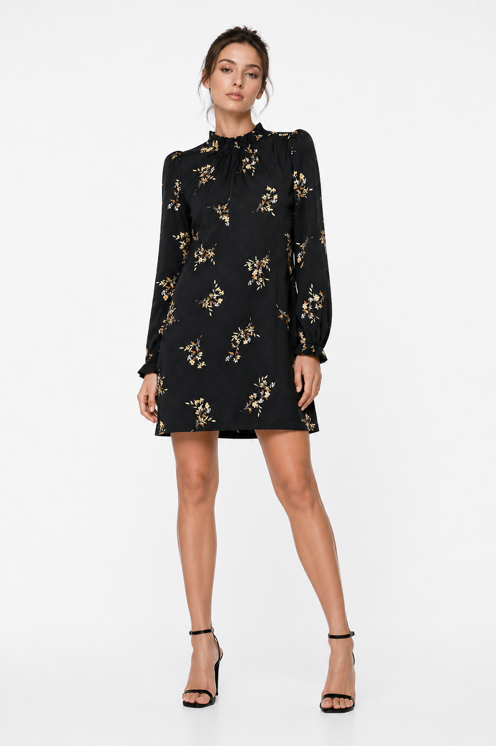 J. Crew Factory Black Long-Sleeve Floral Ruffle Mock Neck Shift Dress Size 2