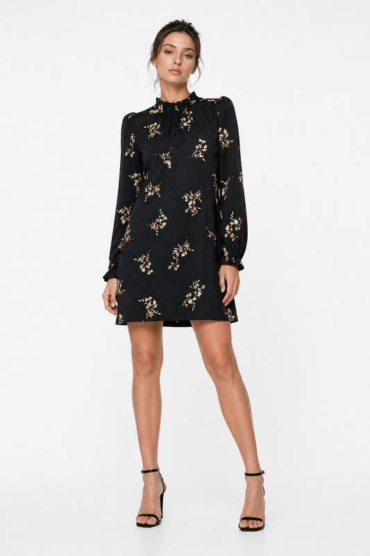 J. Crew Factory Black Long-Sleeve Floral Ruffle Mock Neck Shift Dress Size 2