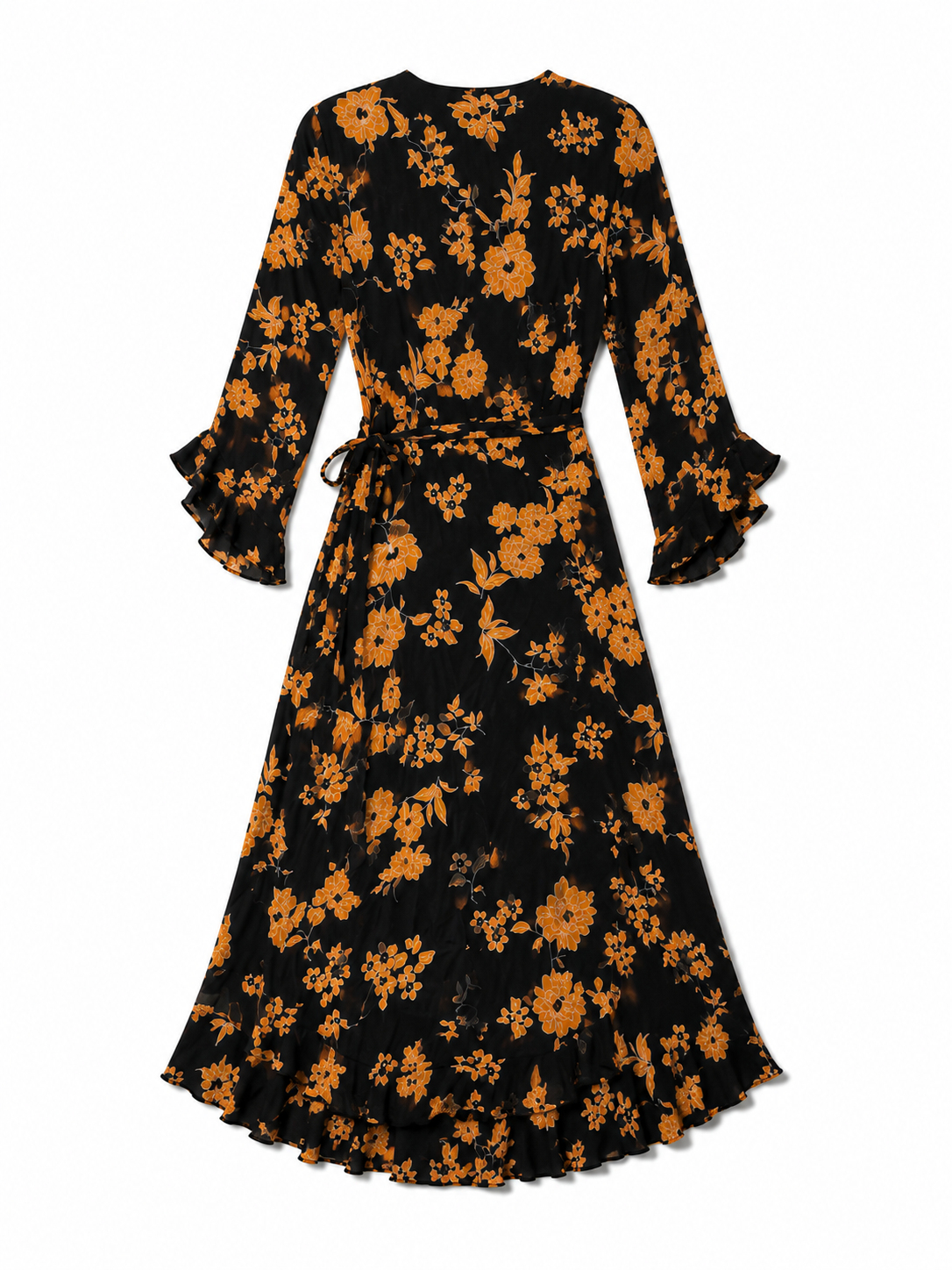 Miss Selfridge Floral Wrap Midi Dress Black Orange Ruffle Sleeve Boho Dress Size US