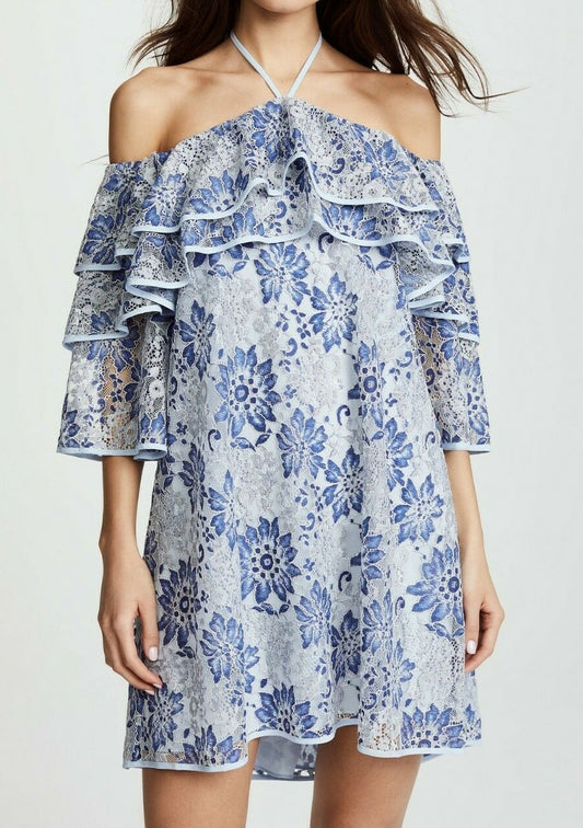 Rebecca Minkoff Dena Tiered Ruffle Halter Lace Dress – Blue Multi NWT, Size XS