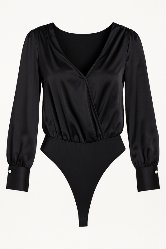 Marc New York Black Satin Wrap Bodysuit – Puff Sleeves, Size Large