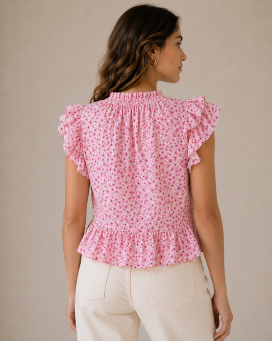 Hudson Gray Floral Ruffle Sleeve Pink Peplum Blouse Size Small