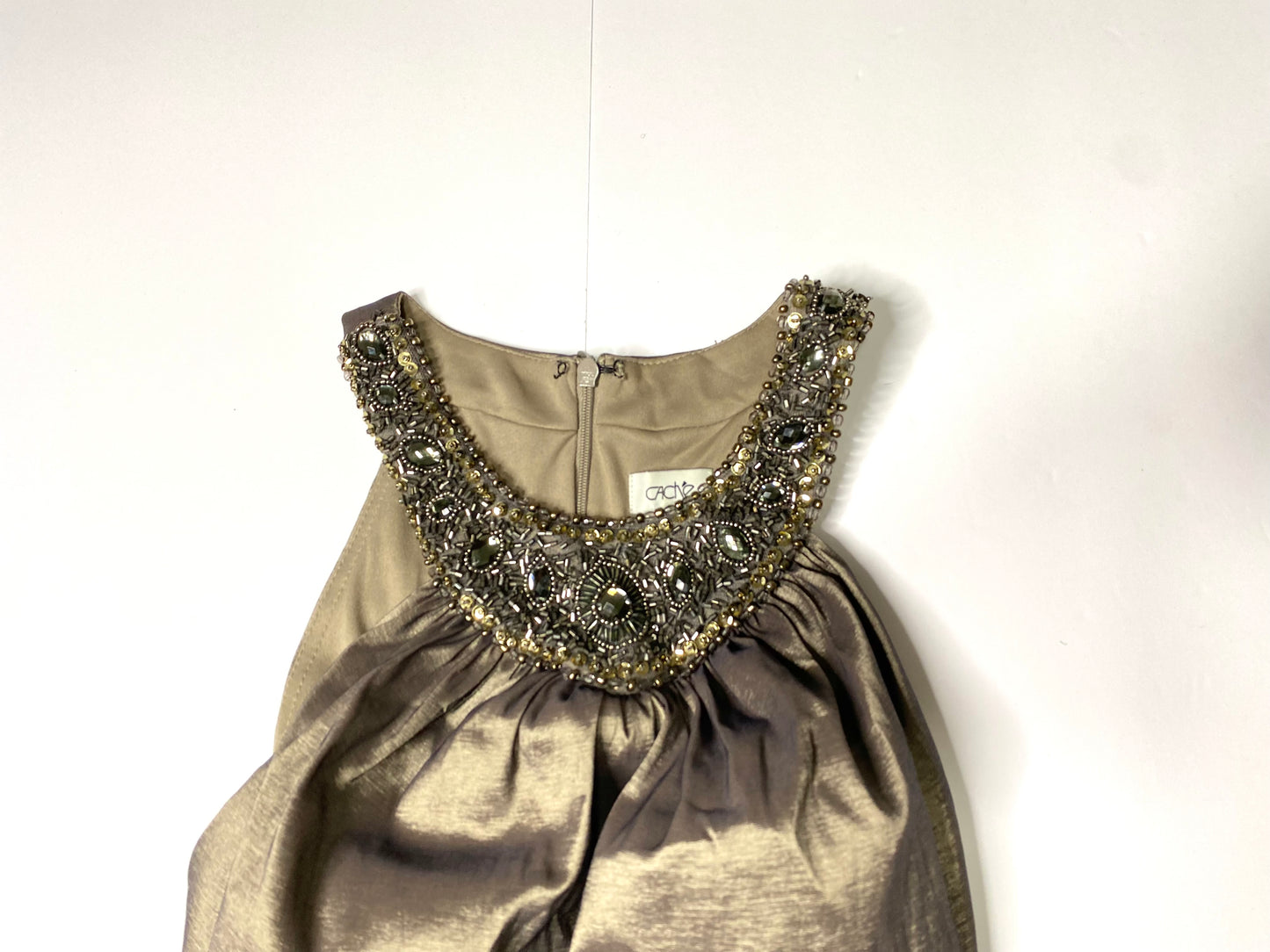 Cache Metallic & Bronze Ruched Formal Dress – Sleeveless with Beaded Embellished Collar