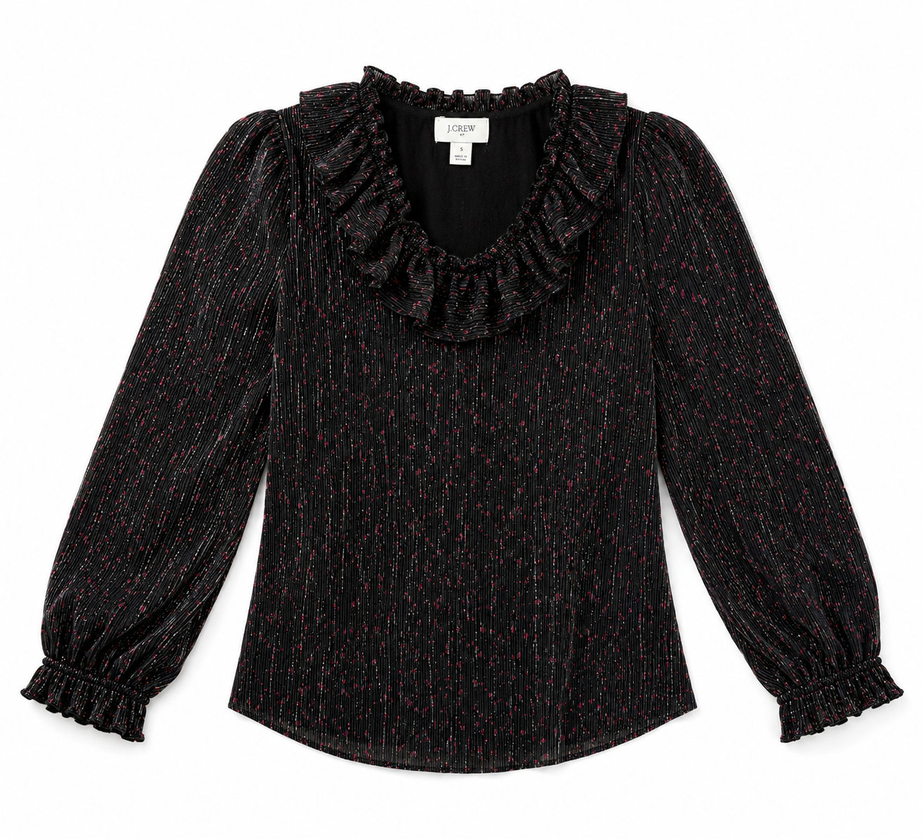 J.Crew Black Cherry Print Ruffle Neck Blouse Size Small Pleated Long Sleeve Top