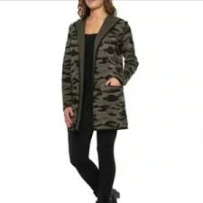 Rachel Zoe Camo Hooded Cardigan Sweater Green Brown Open Front Size Large