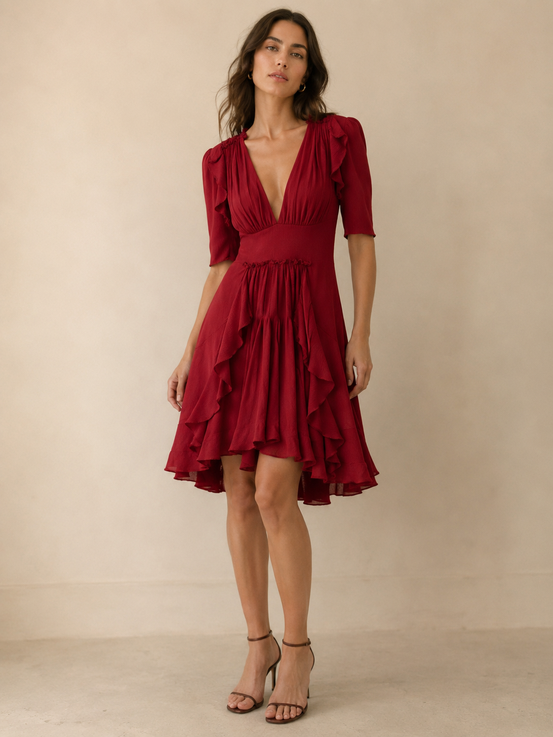 Zac Posen 100% Silk Red Ruffle Dress Size 12 | Romantic Silk Midi Cocktail Dress