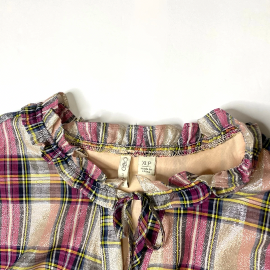 Cato metallic plaid short sleeve blouse