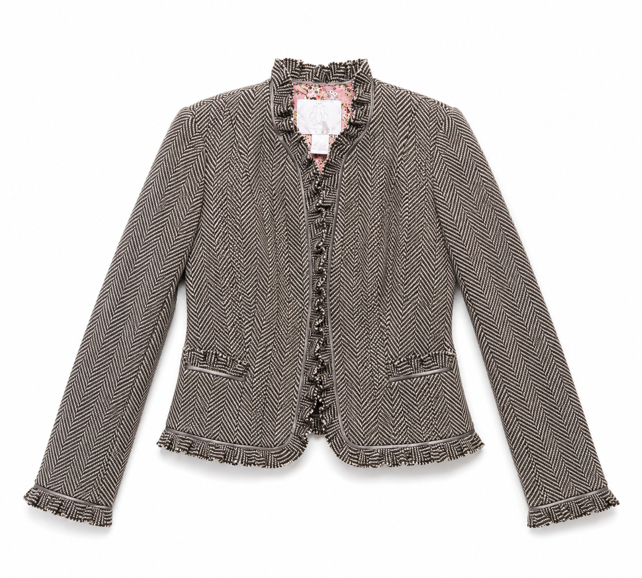 Rebecca Taylor Pink & Gray Herringbone Ruffle Peplum Blazer Size 4