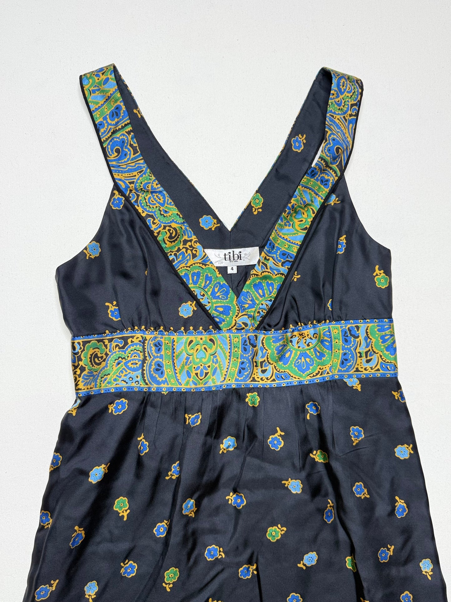 Tibi Blue Paisley Print Silk-Blend Sleeveless V-Neck Dress – Size 4
