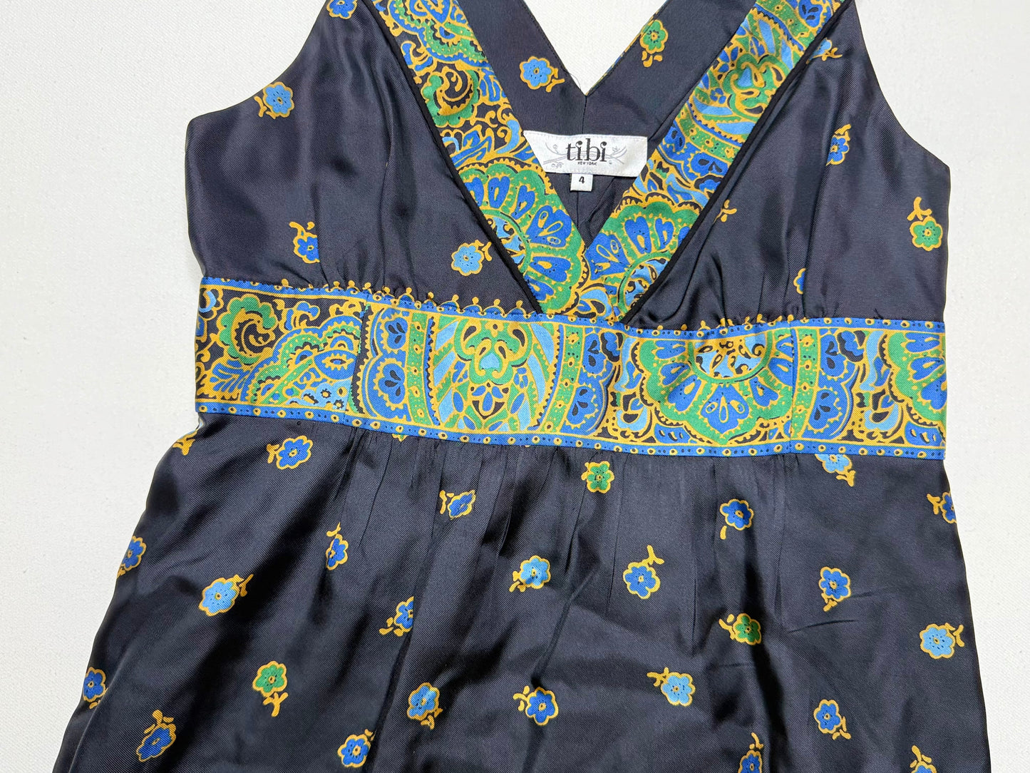 Tibi Blue Paisley Print Silk-Blend Sleeveless V-Neck Dress – Size 4