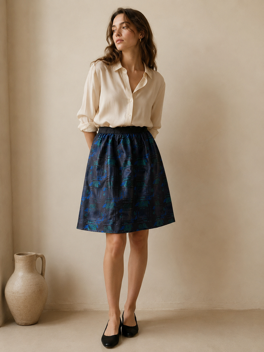 J. Crew Navy and Teal Floral Plaid Jacquard A-Line Mini Skirt w Pockets Size 4