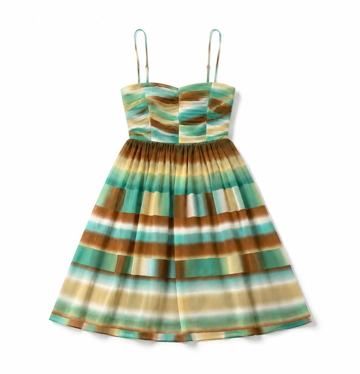 BCBG Green and Brown 100% Silk Pleated Sundress