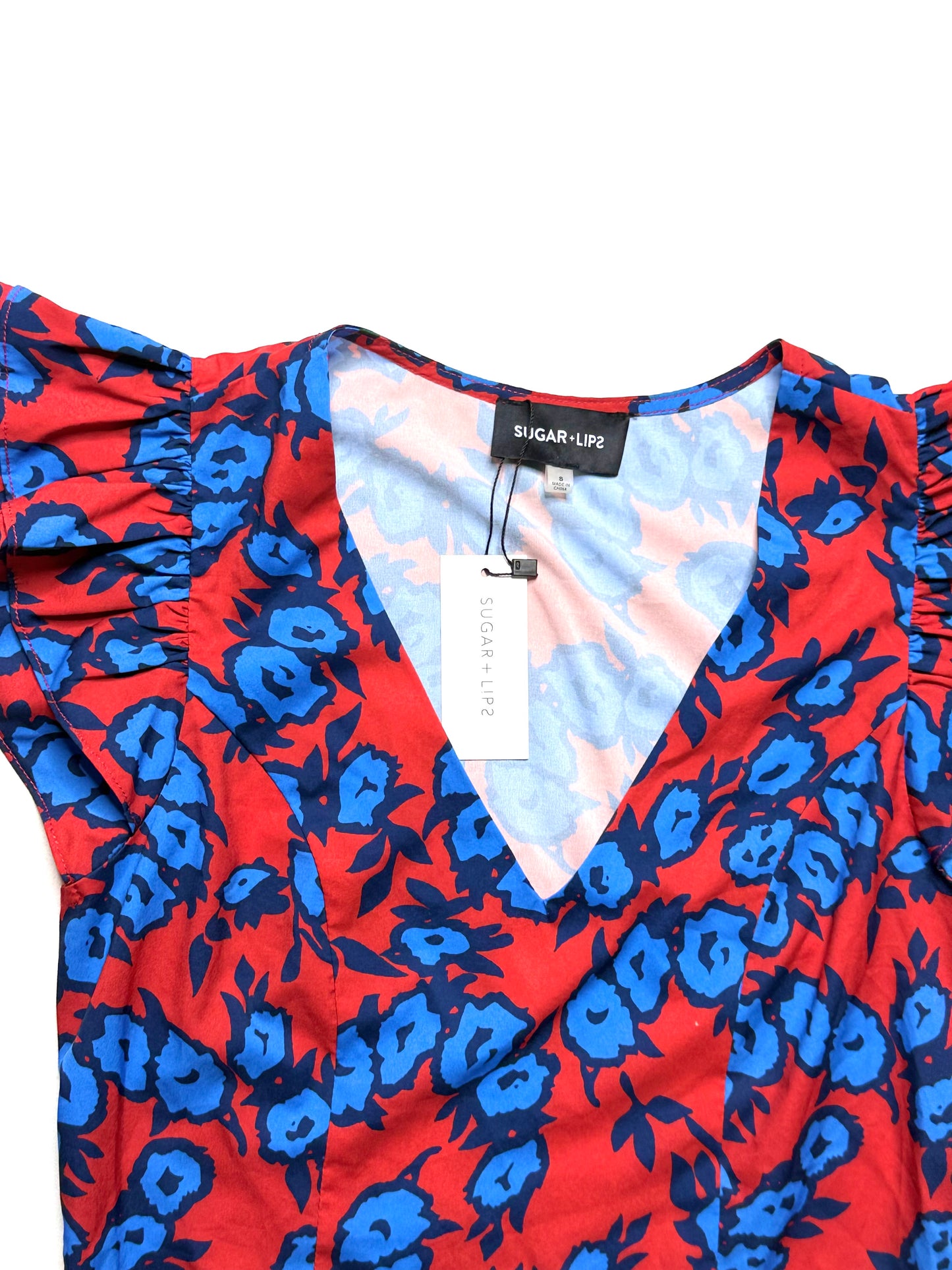 Sugar Lips Mira Mar Floral Ruffle Shoulder Crop Top – Red/Blue, Size S, NWT