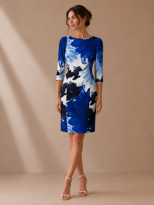 Zara Blue Floral Midi Sheath Dress Size Medium Abstract Print 3/4 Sleeve Occasion Dress