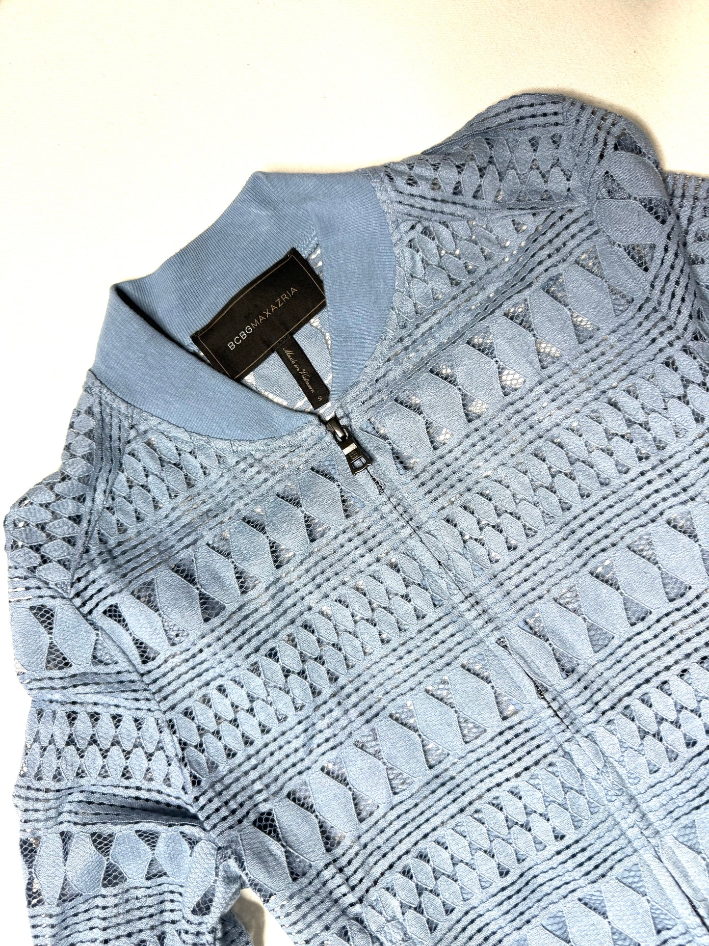 BCBG Max Azria Blue Crochet Lace Bomber Jacket Women’s S Lightweight Zip Up Sheer Textured Jacket