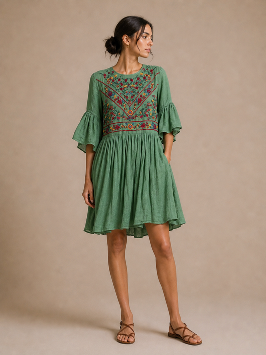 Umgee Green Boho Dress w/Floral Embroidery and Bell Sleeves Size Medium