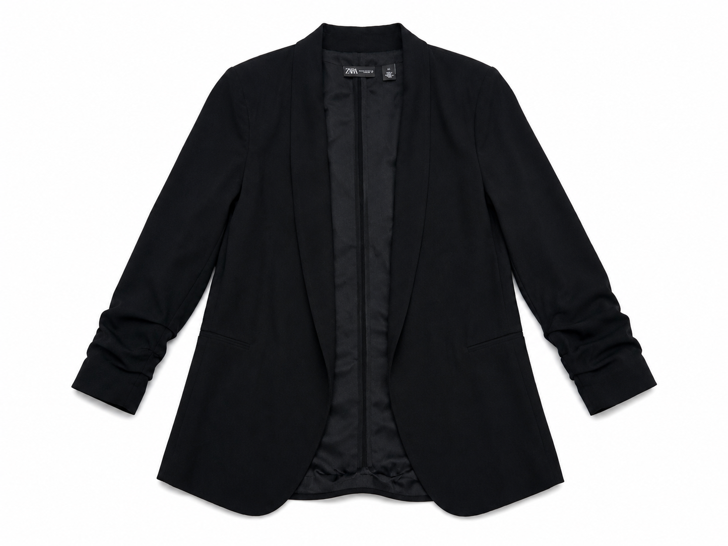 Halogen Black Open Front Blazer XS Ruched Sleeve Career Jacket Minimalist
