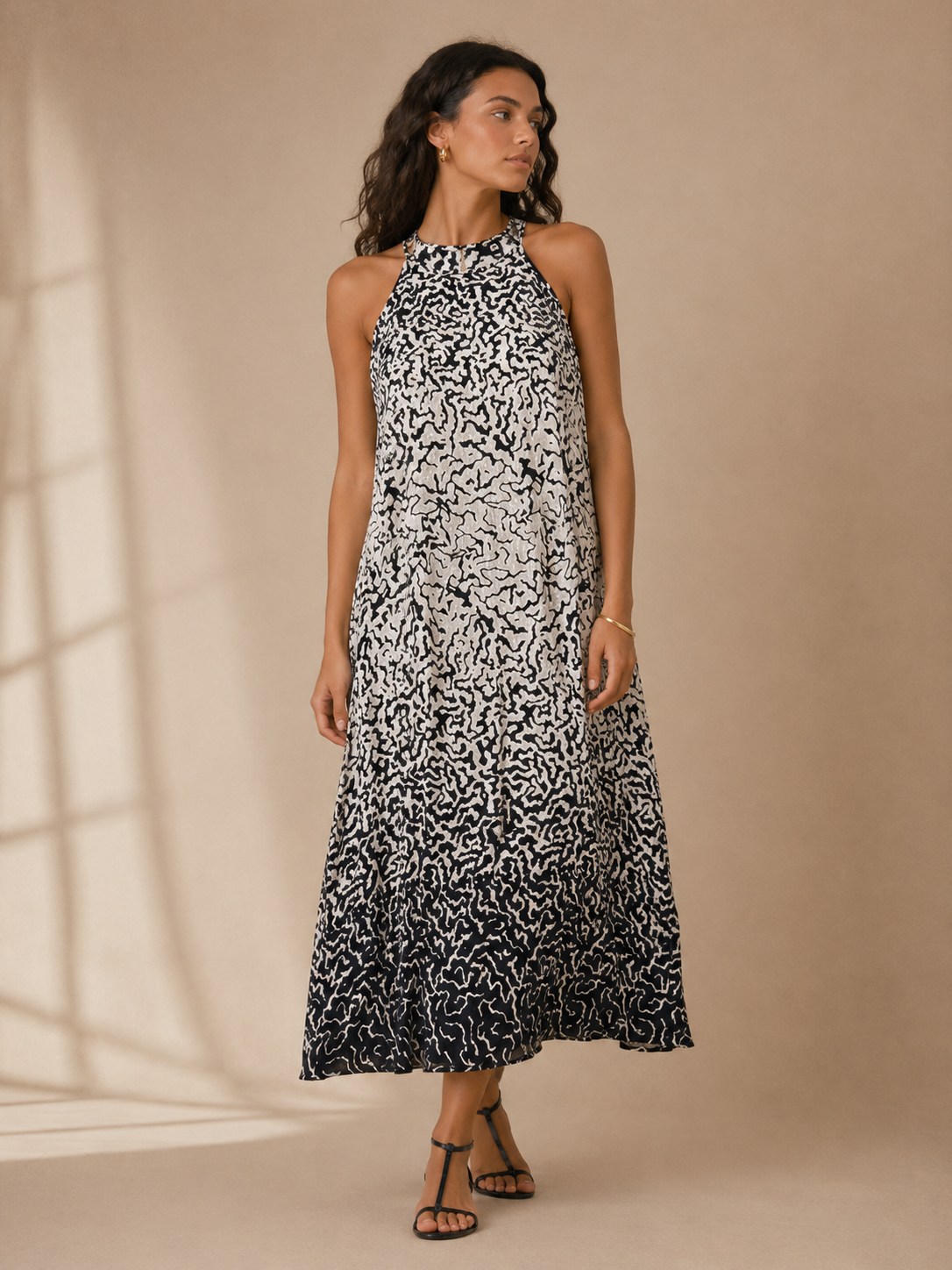 Robert Kitchen Navy and White Patterned Halter Maxi Dress Size XS