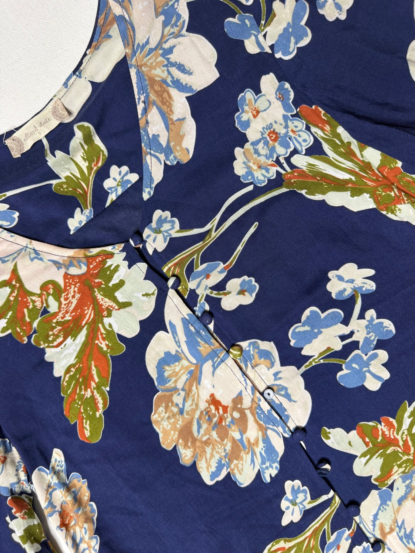 Altar’d State Blue Floral Button Front Bell Sleeve Blouse Boho Romantic Dress Size Small