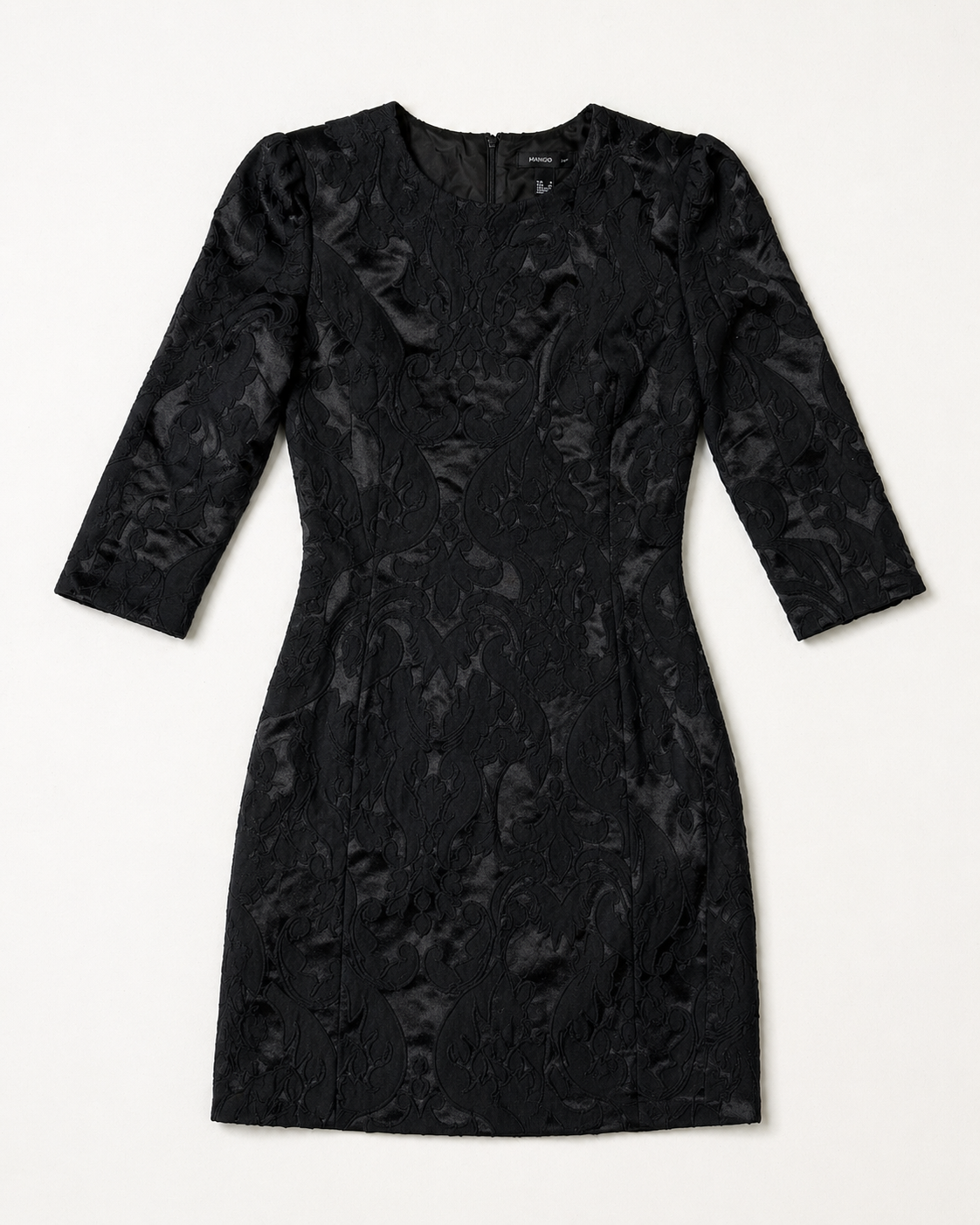 Mango Suit Black Long-Sleeve Jacquard Sheath Dress Textured Brocade Size 4