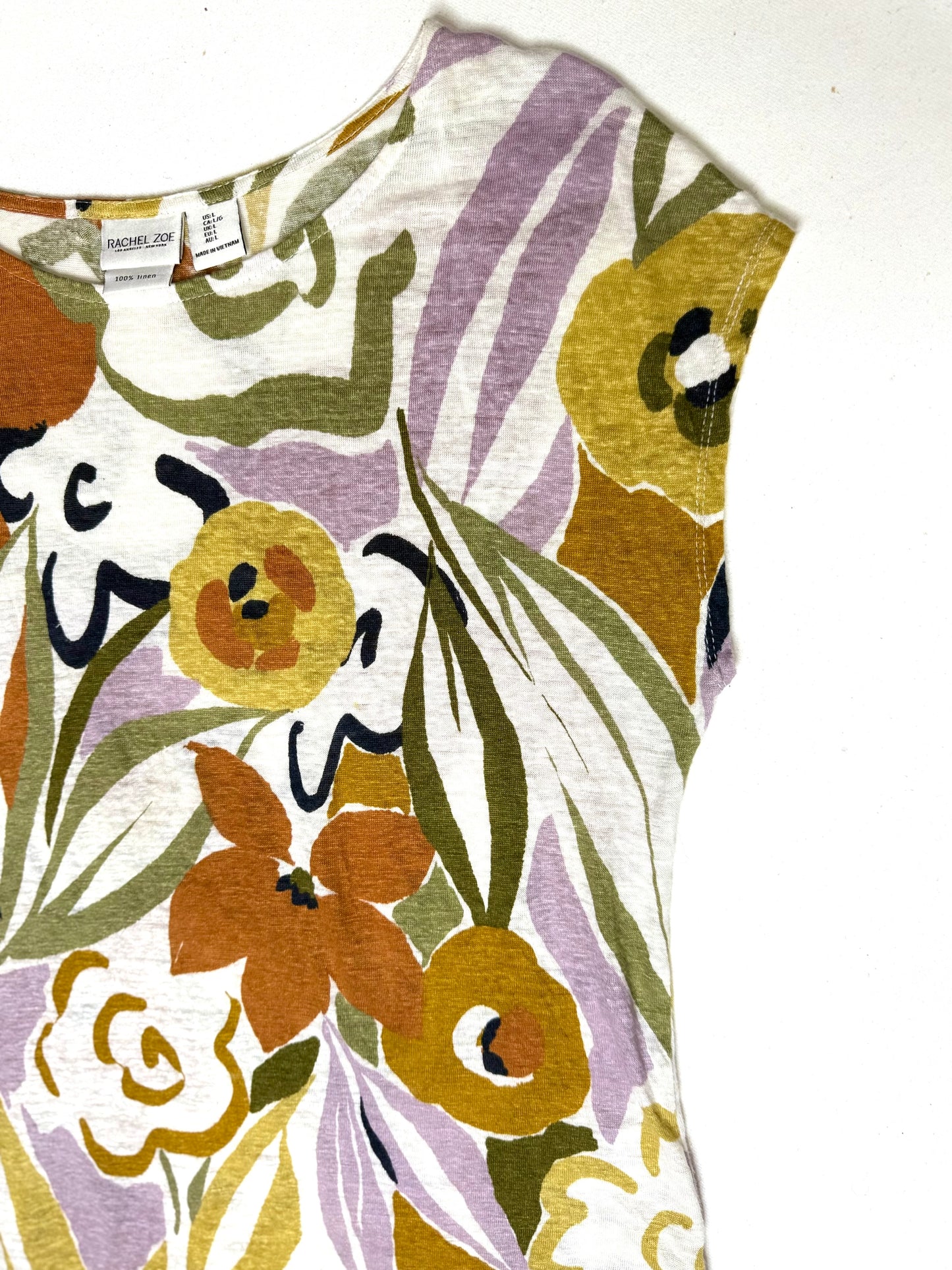 Rachel Zoe Multicolor Floral 100% Linen Blouse Cap Sleeve Size Large