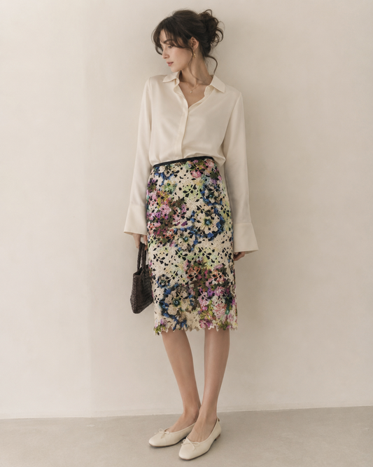 Nicole Miller Multicolor Ombre Floral Lace Midi Skirt Size 2