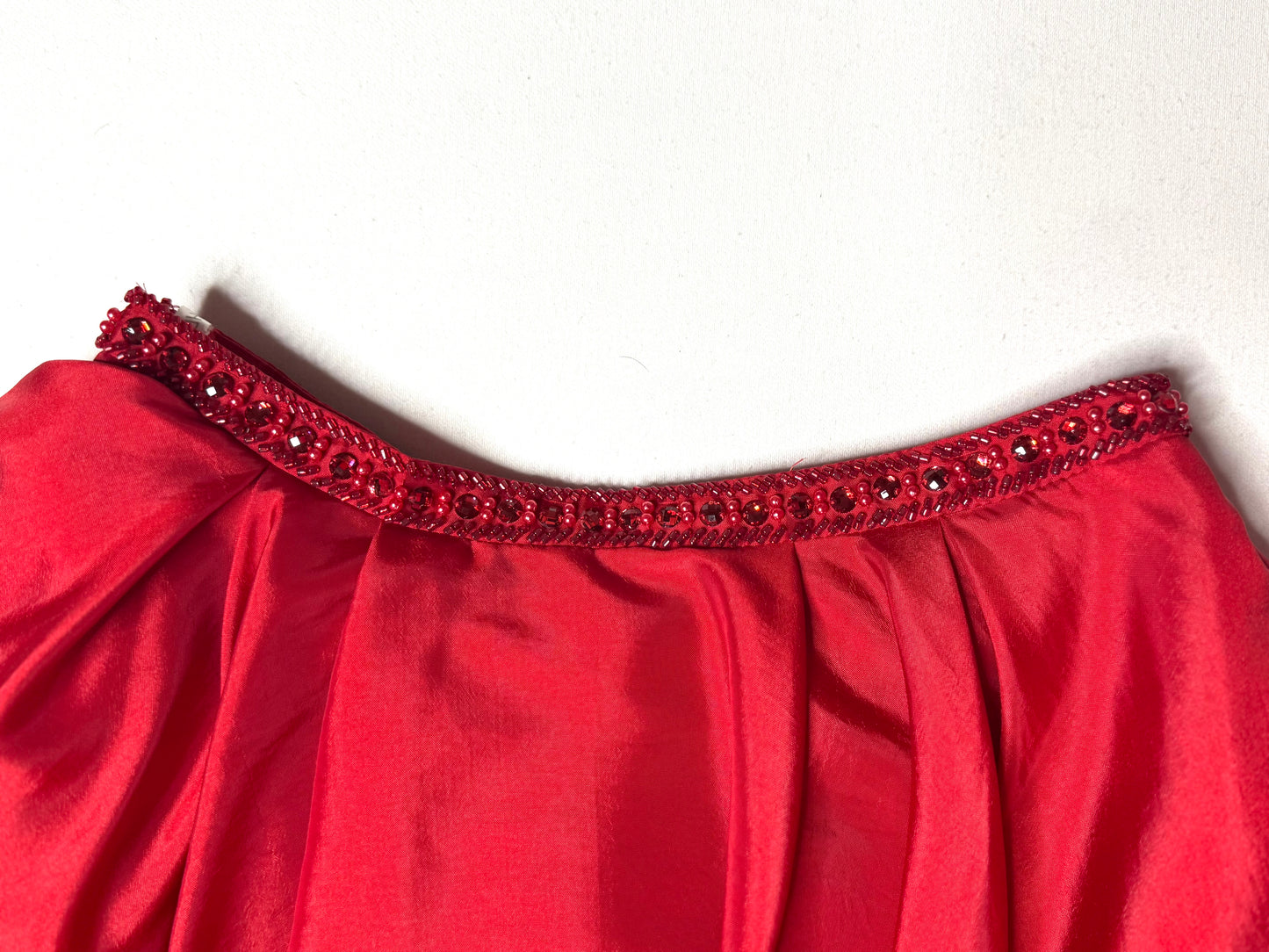 Rachel Allan Red Satin Ruffle Skirt Beaded Waist Formal Prom Party Mini Skirt Size 4