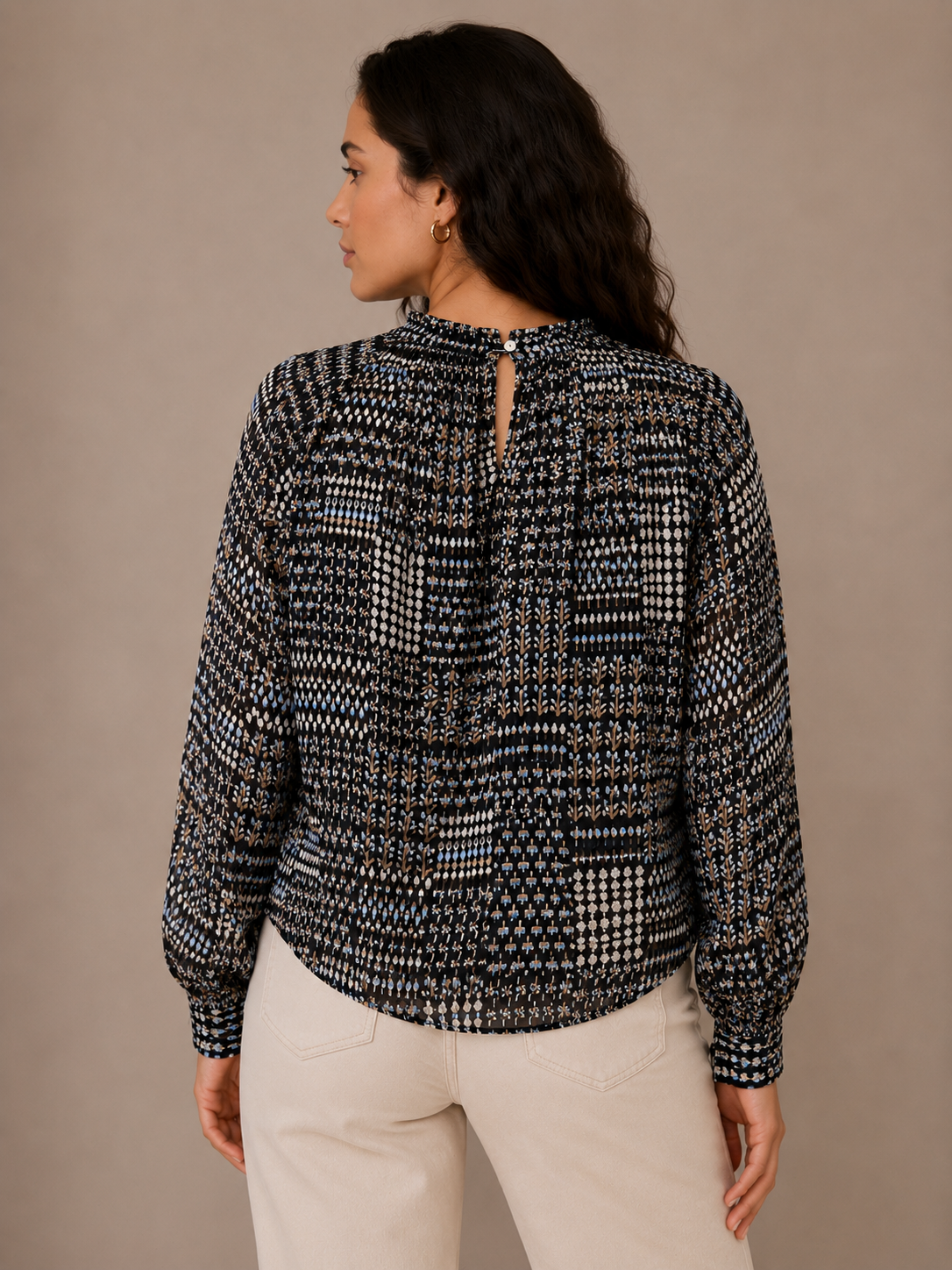 Tommy Hilfiger Sheer Print Ruffle Tie Neck Long Sleeve Blouse Size Large