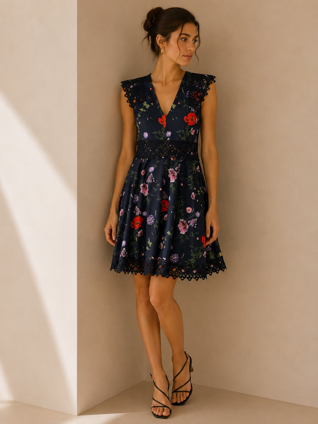 Ted Baker Blue Floral Print Plunge A-Line Dress Lace Trim w/Pockets Size 2