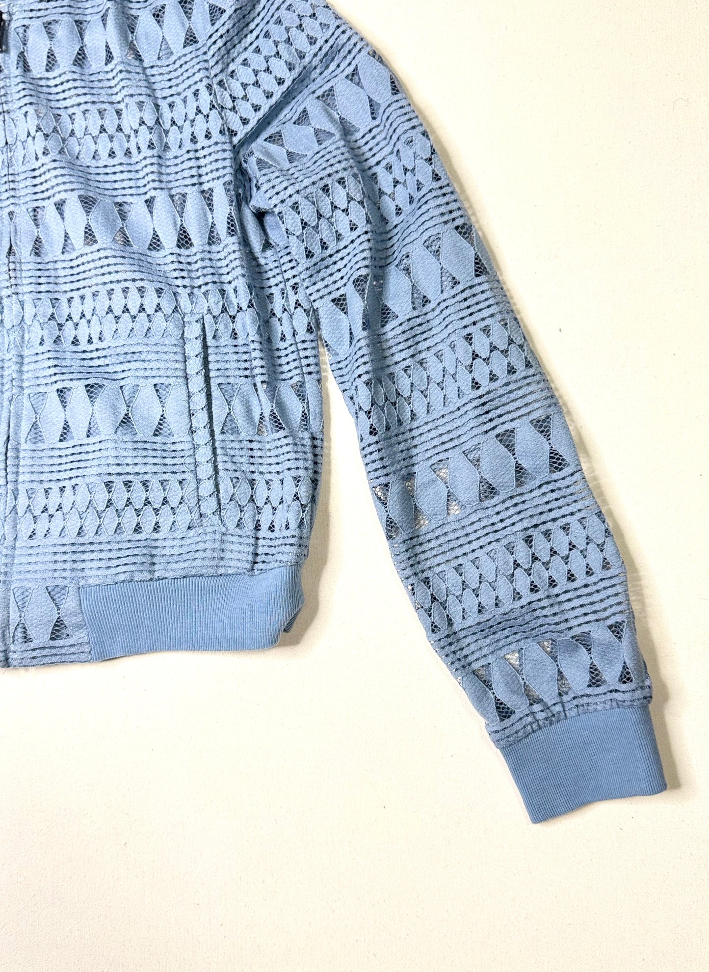 BCBG Max Azria Blue Crochet Lace Bomber Jacket Women’s S Lightweight Zip Up Sheer Textured Jacket